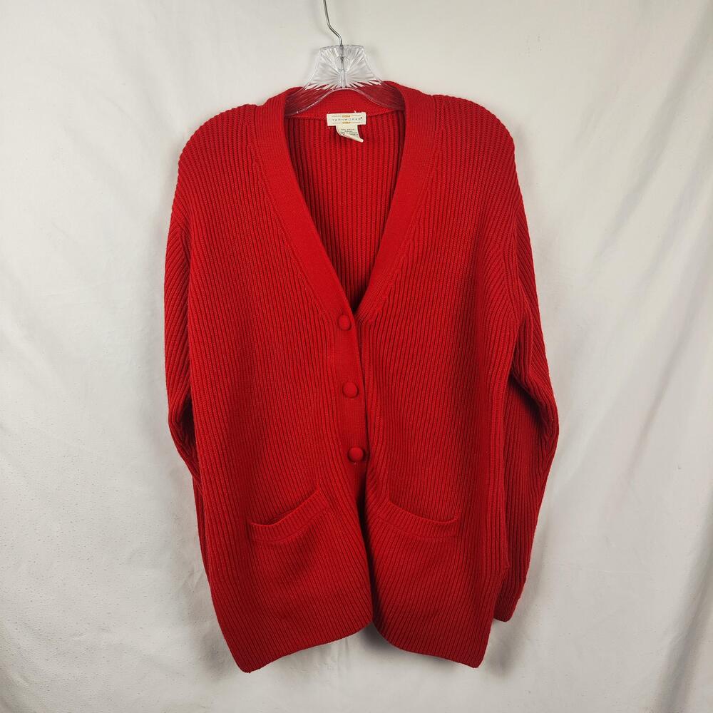 YarnWorks Sweater Cardigan Womens Petite Large Red V Neck Chunky Knit Pockets